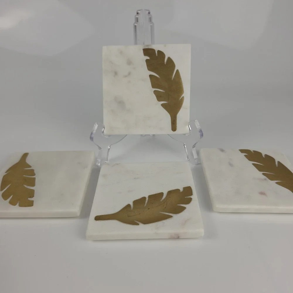 White Marble Coasters Set of 4 Gold Brass Leaf Inlay‎ Square Decor